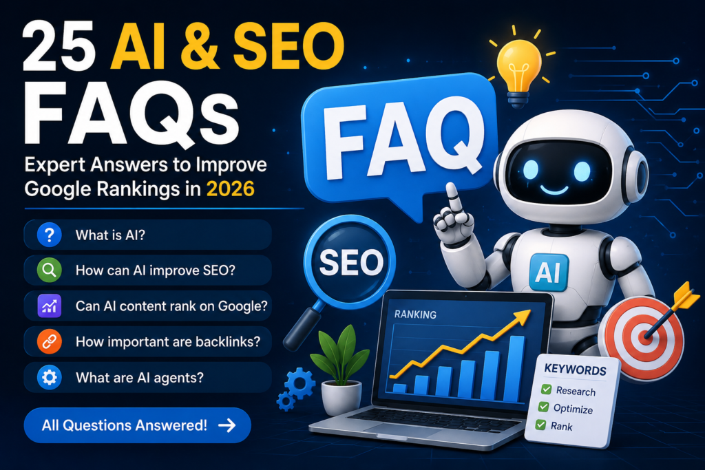 AI and SEO FAQs infographic featuring artificial intelligence, search engine optimization strategies, Google ranking tips, keyword research, backlinks, AI agents, and digital marketing trends for 2026.