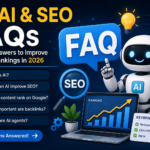 AI and SEO FAQs infographic featuring artificial intelligence, search engine optimization strategies, Google ranking tips, keyword research, backlinks, AI agents, and digital marketing trends for 2026.