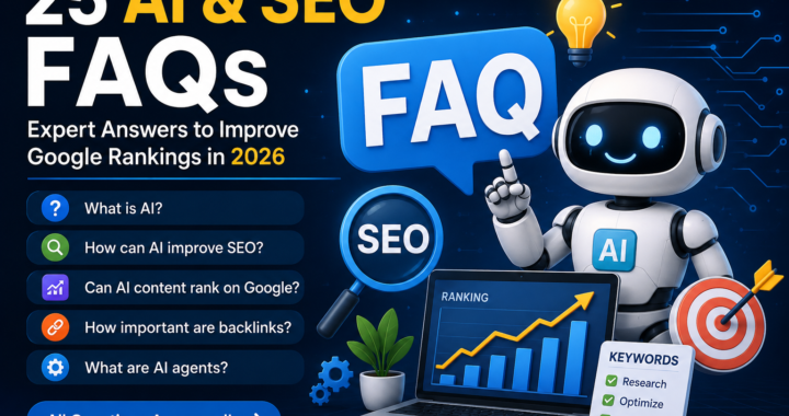 AI and SEO FAQs infographic featuring artificial intelligence, search engine optimization strategies, Google ranking tips, keyword research, backlinks, AI agents, and digital marketing trends for 2026.