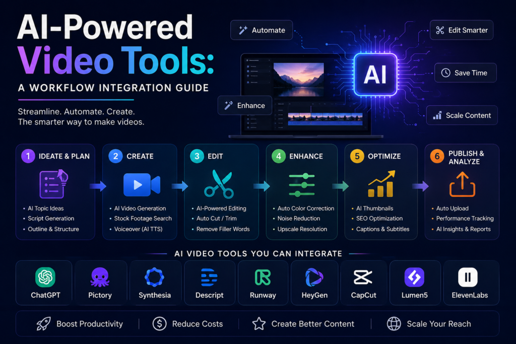 AI Powered Video Tools workflow integration guide showing AI video creation, script generation, automated editing, voiceovers, SEO optimization, and content distribution process for marketers and content creators in 2026.