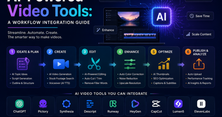 AI Powered Video Tools workflow integration guide showing AI video creation, script generation, automated editing, voiceovers, SEO optimization, and content distribution process for marketers and content creators in 2026.