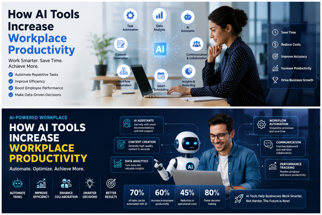 AI tools for workplace productivity helping professionals automate tasks, improve efficiency, enhance collaboration, analyze data, and boost business performance in 2026.
