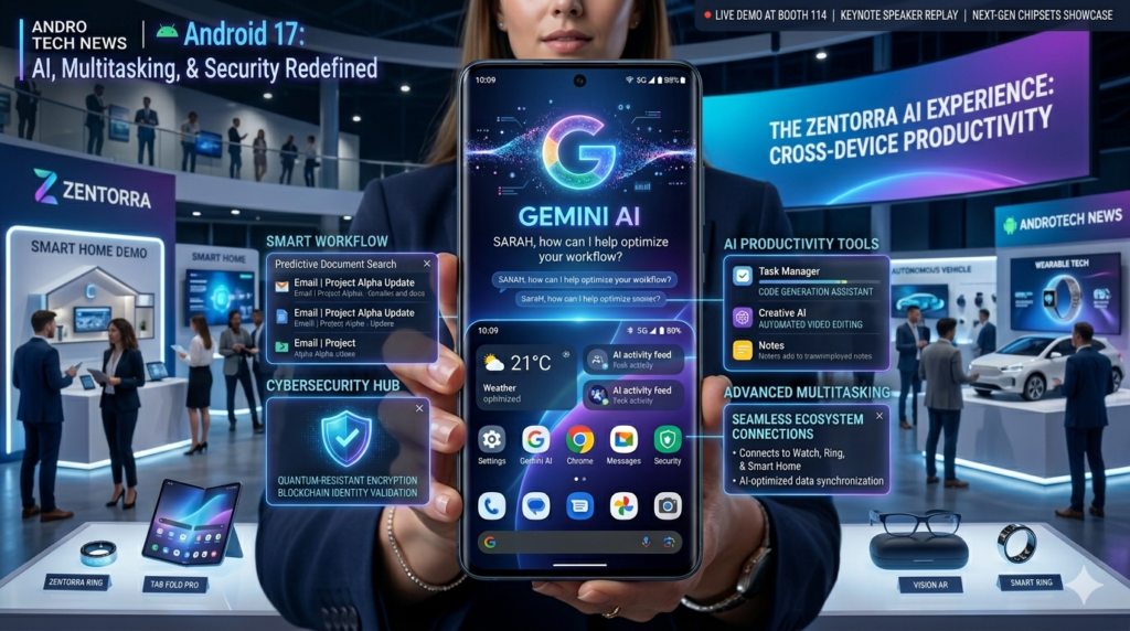 Android 17 featuring Gemini AI, smart multitasking, AI-powered productivity tools, and enhanced security features
