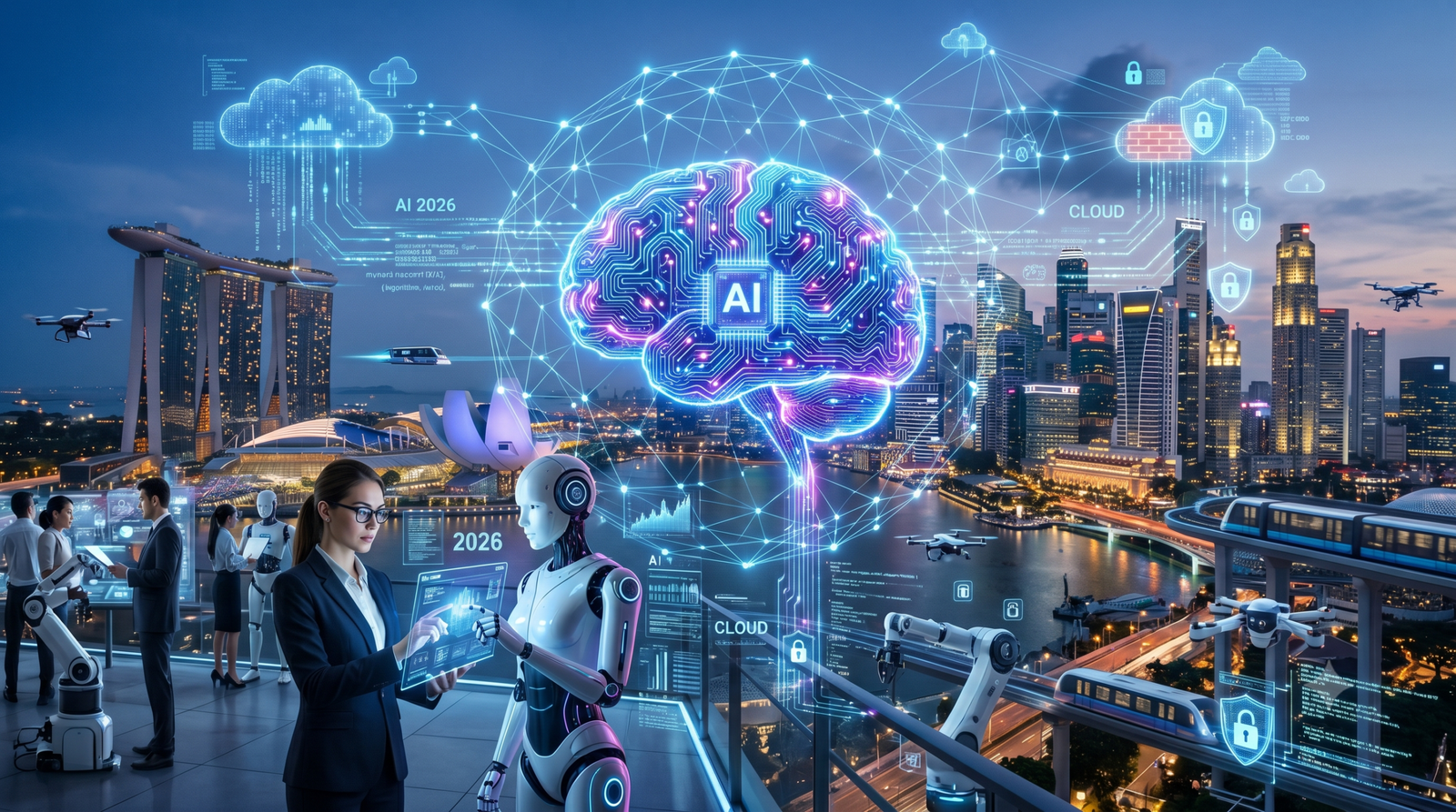 AI and Technology Trends 2026 showing artificial intelligence, AI agents, automation, robotics, and future innovations